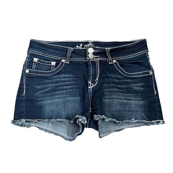 Wallflower USA American Flag Heart Pocket Dark Blue Denim Raw Hem Shorts - Picture 2 of 4